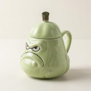 Könnte beinhalten: Eine hellgrüne Keramiktasse mit Deckel, die ein Cartoon-Gesicht mit einem wütenden Ausdruck zeigt. Die Tasse hat einen Henkel und einen kleinen, dunkelbraunen Knopf auf dem Deckel. Das Design ist skurril und für Getränke geeignet.