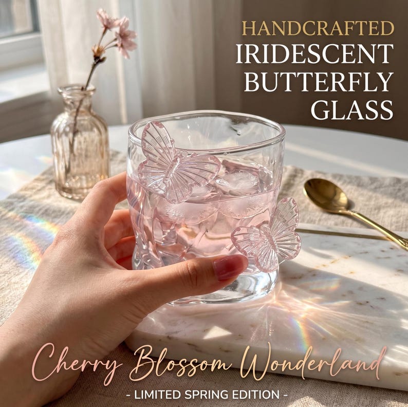 May include: Handcrafted iridescent glass with butterfly accents. The glass is filled with pink liquid and ice. The text on the glass says "Cherry Blossom Wonderland - Limited Spring Edition - ".