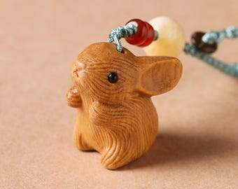 Hand Carved Wooden Rabbit Keychain | Lucky Bunny Bag Charm, Car Mirror. Pendant