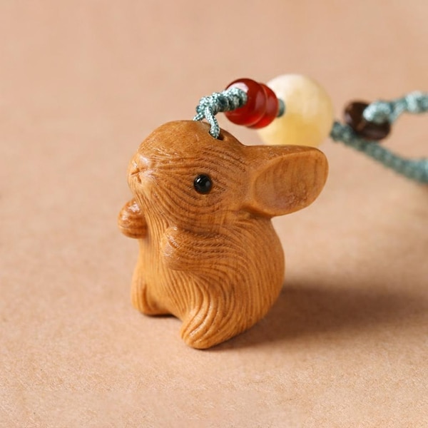Hand Carved Wooden Rabbit Keychain | Lucky Bunny Bag Charm, Car Mirror. Pendant