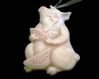 Handmade Artisanal Beeswax Ornament - PIG w. WATERMELON
