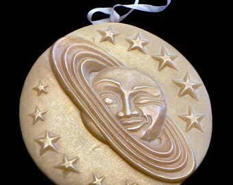 Handmade Artisanal Beeswax Ornament - WINKING SATURN w. STARS