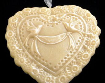Handmade Artisanal Beeswax Ornament - VICTORIAN HEART / LOVEBIRDS