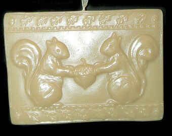 Lovely Postcard-Shaped Handmade Artisanal Beeswax Ornament - SQUIRRELS - Two Squirrels with Acorn