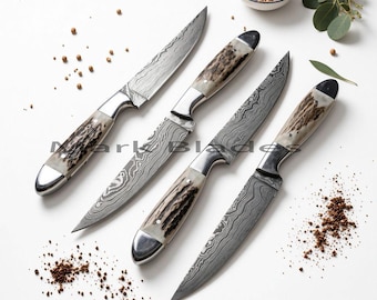 Custom Stag Antler Damascus Steel Steak Knives Set of 4, BBQ Steak Knife Set, Personalized Christmas Gift for Boyfriend, Anniversary Gift