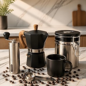 Può includere: Una caffettiera moka nera con manico e pomello effetto legno, un macinacaffè manuale argentato, un contenitore in acciaio inossidabile con chiusura, una tazza nera opaca e un misurino argentato circondati da chicchi di caffè su marmo.
