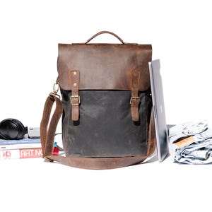 Mens Backpack Computer Bag, Waxed Canvas Rucksack, 2 in 1 Convertible Messenger Bag, Handmade Laptop Bag 15 16 17 Inch, Travel Work Bag