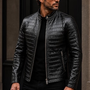Men's Alligator Leather Jacket | Handmade Crocodile Embossed Black Biker Jacket for Men