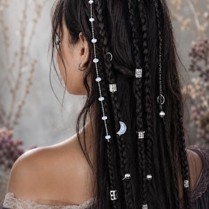 Silver Hair Jewelry Set, Braid Cuffs, Beads & Clip-In Chains, Dark Fairy Dread Accessories