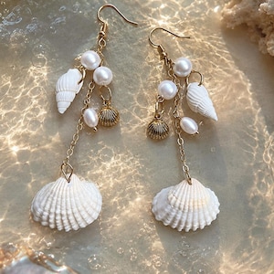 Seashell Pearl Dangle Earrings, Handmade Mermaidcore Beach Jewelry