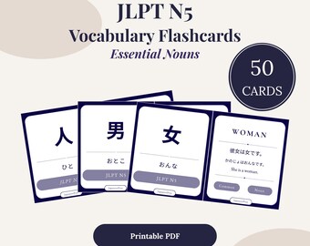 JLPT N5 Nomen Flashcards - 50 wichtige japanische Vokabelkarten (druckbare PDF)