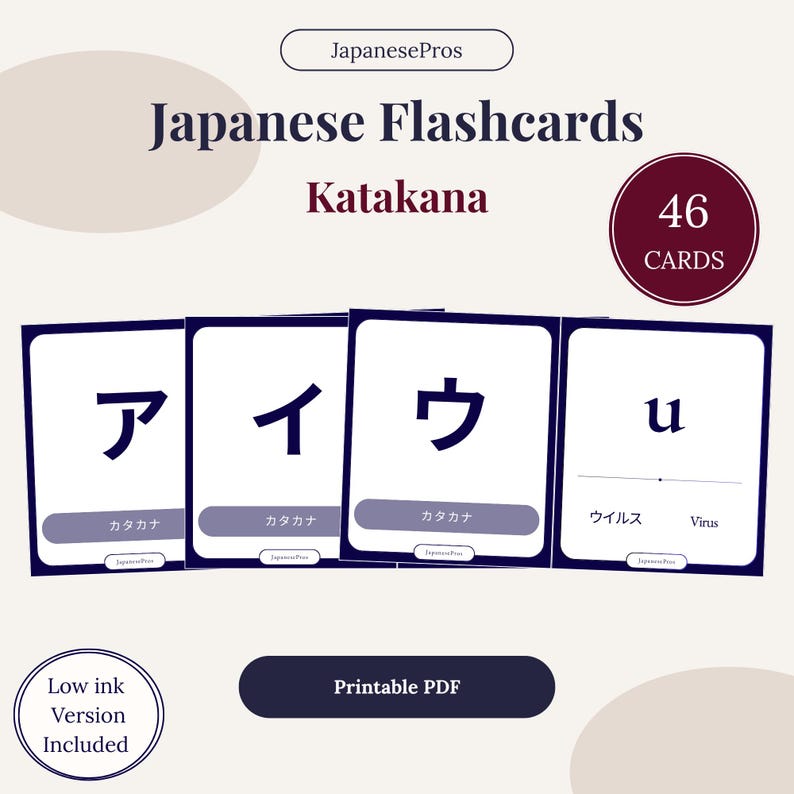 Puede incluir: Tarjetas did&aacute;cticas japonesas con caracteres Katakana. Las tarjetas son blancas con bordes azul oscuro y presentan el texto "Japanese Flashcards" y "Katakana". El conjunto incluye 46 tarjetas y una opci&oacute;n "PDF imprimible".