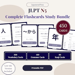 May include: A complete JLPT N5 flashcards study bundle. The image shows a collection of flashcards with Japanese vocabulary, grammar, and kanji. The bundle includes 300 vocabulary cards, 100 grammar cards, and 80 kanji cards, with a total of 450 cards.