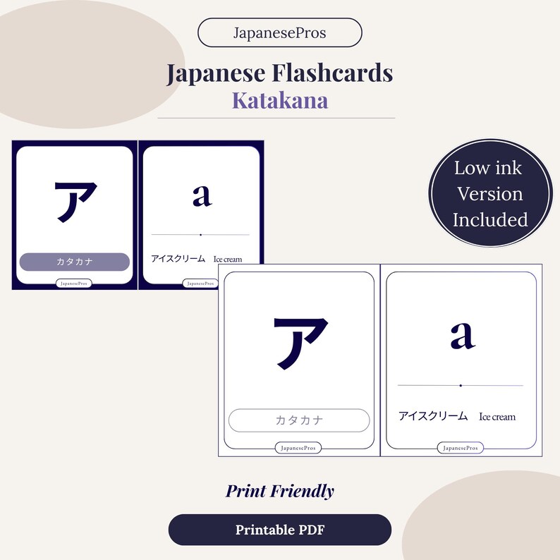 Puede incluir: Tarjetas did&aacute;cticas japonesas con caracteres Katakana. Las tarjetas son blancas con un borde azul oscuro e incluyen el car&aacute;cter Katakana "ア" y la letra inglesa "a". Tambi&eacute;n se ve el texto "Low ink Version Included".