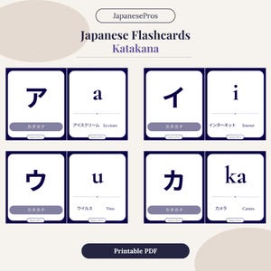 Puede incluir: Tarjetas did&aacute;cticas japonesas Katakana. Cada tarjeta muestra un car&aacute;cter Katakana, su forma romanizada y su traducci&oacute;n al ingl&eacute;s. Las tarjetas tienen un fondo blanco con bordes y texto morados. Tambi&eacute;n se ven las palabras "Japanese Flashcards" y "Printable PDF".