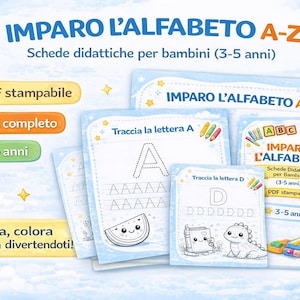 Puede incluir: Hojas de trabajo educativas imprimibles para niños de 3 a 5 años, con el título italiano "IMPARO L'ALFABETO A-Z". La imagen muestra letras para trazar, actividades para colorear y el texto "¡Traza, colorea y aprende divirtiéndote!"