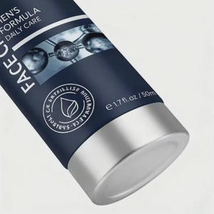 Op de afbeelding: Een close-up van een donkerblauwe tube gezichtscr&egrave;me met zilveren accenten. De tube heeft witte tekst met de tekst "MEN'S FORMULA DAILY CARE" en "FACE". De tube bevat 50 ml product.