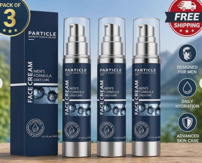 May include: A pack of three Particle Men's Formula Face Cream bottles and a box. The bottles are dark blue with silver accents and clear pump tops. The box has the same design and includes the text "Aesthetic Science for Men".