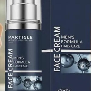 May include: A dark blue bottle of Particle Men's Formula Face Cream with a silver pump dispenser. The product packaging includes the text "Particle Aesthetic Science For Men" and "Men's Formula Daily Care". The bottle contains 1.7 fl oz / 50ml.