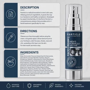 May include: A silver and navy blue Particle Men's Formula Face Cream bottle. The label includes the text "Men's Formula Daily Care" and "Aesthetic Science for Men." The product is 1.7 fl oz / 50 ml.