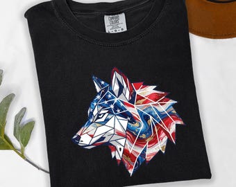 Geometric Wolf Shirt, American Flag Shirt, Patriotic Wolf Tee, 4th Of July Shirt, Independence Day Apparel, Wilderness Spirit Gift