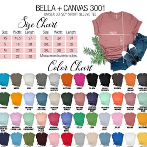 May include: A Bella + Canvas 3001 unisex jersey short sleeve tee size and color chart. The image displays a mauve t-shirt, blue jeans, and sneakers, alongside a size chart with measurements in inches and a grid of various t-shirt color options.