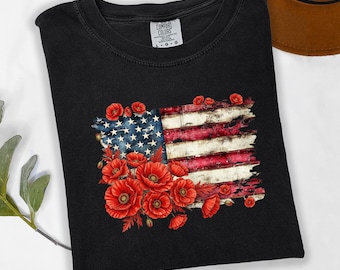 American Flag Poppy Flower Graphic Tee, Patriotic Wildflower Shirt, Independence Day Shirt, USA Floral Shirt, American Flag