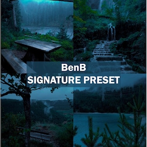 Puede incluir: Un collage de cuatro imágenes con una combinación de colores verde azulado. Las imágenes representan paisajes naturales, incluyendo una cascada, un lago y una mesa de picnic de madera. El texto "BenB SIGNATURE PRESET" está superpuesto en las imágenes.