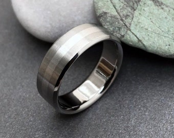 Titanium and Platinum Inlayed Ring, Mens or Womens wedding band, Flat Profile Ring, Brushed Finish, Personalized Engraving