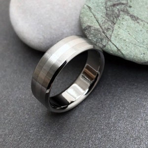 Titanium and Platinum Inlayed Ring, Mens or Womens wedding band, Flat Profile Ring, Brushed Finish, Personalized Engraving