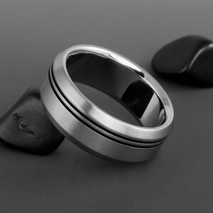 Titanium Ring with Beveled Edges and Black Off Center Pinstripes, Handmade Personalized Wedding or Promise Band