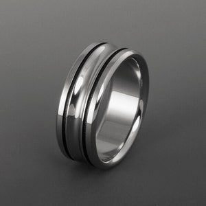 Titanium Wedding Band: Black Pinstripe Concave Ring, Personalized Promise Ring