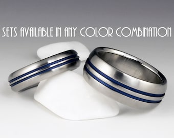 Titanium Ring Unique Wedding Band Set, Engagement Promise or Anniversary Ring Set with Domed Profiles and Two Pinstripes