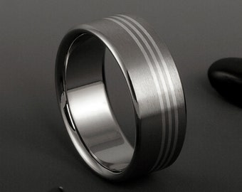 Titanium and Sterling Silver Inlay Ring, Custom Personalized Engraving, Handmade Unique Engagement Wedding or Promise Band for Men or Women