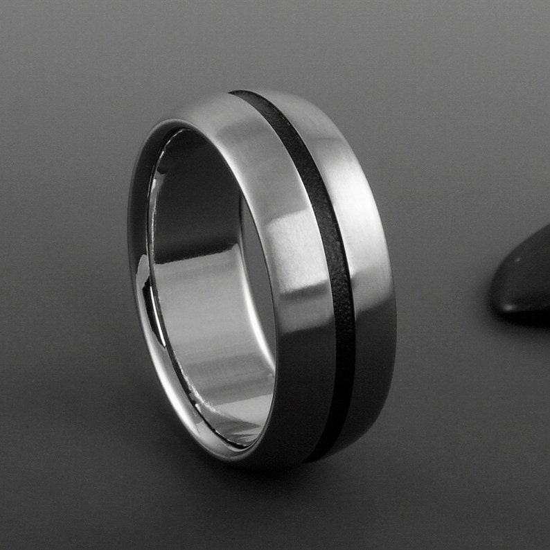 Titanium Ring with a Black Textured Stripe, Wedding Engagement or Promise Band, Mens or Womens Unique Black Ring image 5