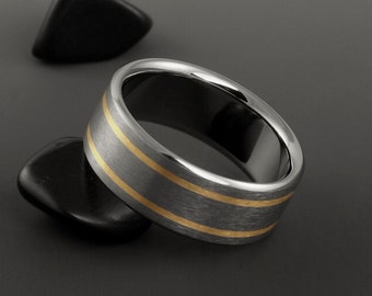 Titanium Gold Wedding Band in a Flat Thin Profile, Yellow Rose or White Gold Inlays, Mens or Womens Wedding Engagement or Promise Ring