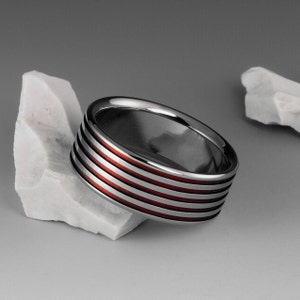 Titanium Ring in a Flat Profile with Red Pinstripes, Unique Handmade Band, Wedding Engagement or Promise Mens or Womens Ring