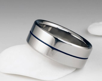 Simple Blue Titanium Wedding Ring in a Flat Profile, Mens or Womens Promise Engagement Band, Personalized Custom Engraving