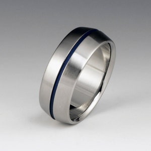 Titanium Wedding Band with a Blue Pinstripe and Peaked Profile, Mens or Womens Custom Made Engagement or Promise Band, Thin Blue Line Ring image 1
