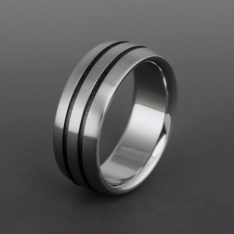 Titanium Wedding Ring with Black Stripes and Beveled Edges Simple Personalized Engagement Promise Anniversary Band or Unique Engraved Gift