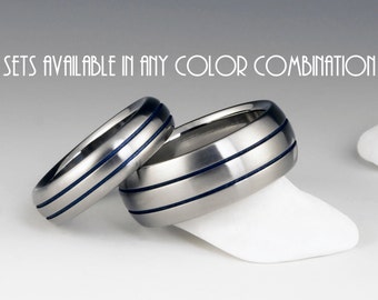 Titanium Ring Wedding Band Set, Engagement, Anniversary or Promise Set with Domed Profiles and Two Blue Centered Pinstripes