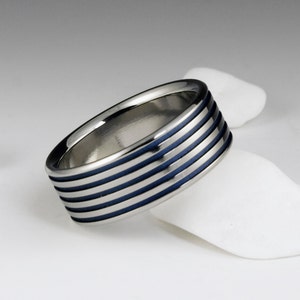 Blue Titanium Ring in a Flat Profile, Unique Unisex Wedding Engagement or Promise Statement Ring for Men or Women with Personalization