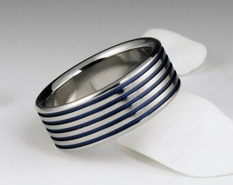 Blue Titanium Ring in a Flat Profile, Unique Unisex Wedding Engagement or Promise Statement Ring for Men or Women with Personalization