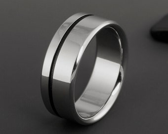 Titanium Wedding Ring with a Black Off Center Pinstripe, Unisex Promise or Engagement Band for Men or Women, Simple and Modern