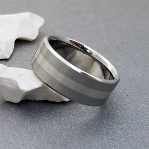 Titanium Wedding Band: White Gold Inlay, Flat Profile, Unisex Ring