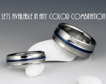 Titanium Wedding Band Set, Engagement, Promise or Anniversary Set with a Gradually Raised Center and Blue Pinstripe
