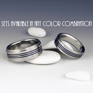Titanium Wedding Band Set - Anniversary Ring Set - Three Centered Blue Pinstripes - Stepped Down Edges