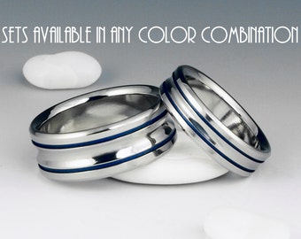 Titanium Ring Unique Wedding Band Set, Engagement, Promise or Anniversary Set with Two Colored Pinstripe Inlays and Concave Center