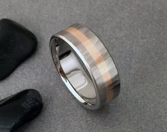 Solid 18k rose, yellow, or white gold Inlayed titanium ring with our "Sequoia" wood grain finish