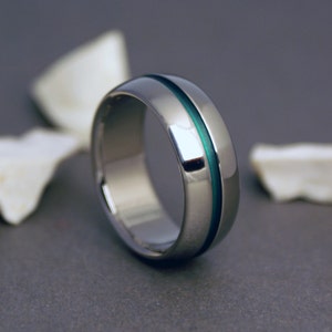 Titanium Band in a Domed Profile and an Emerald Green Centered Pinstripe, Mens or Womens Lightweight Wedding Ring